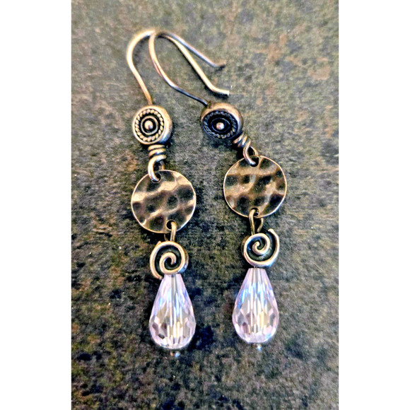 Silpada Sterling Silver Hammered Swirl Crystal Dangle Drop Earrings - Picture 5 of 8